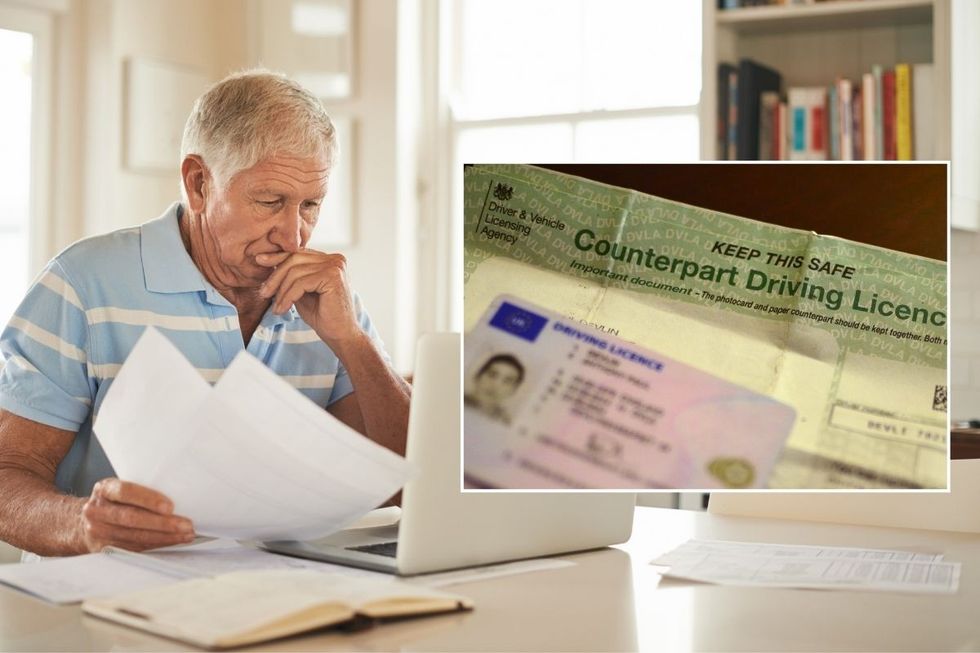 An elderly man checking a laptop and a driving licence