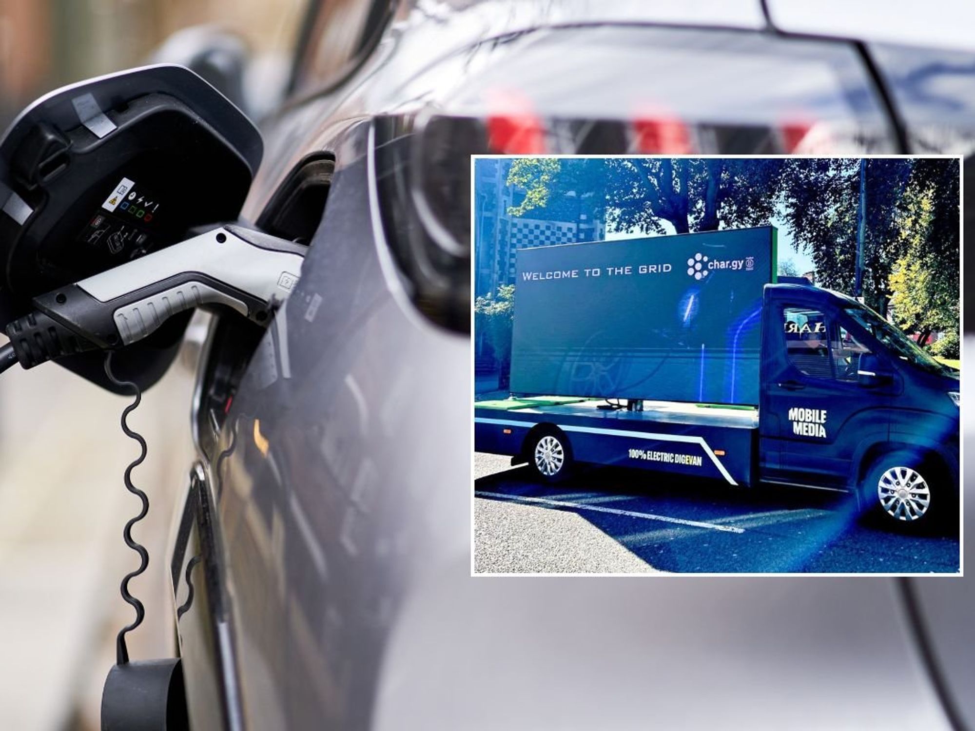 An electric car charger and the char.gy EV charging campaign