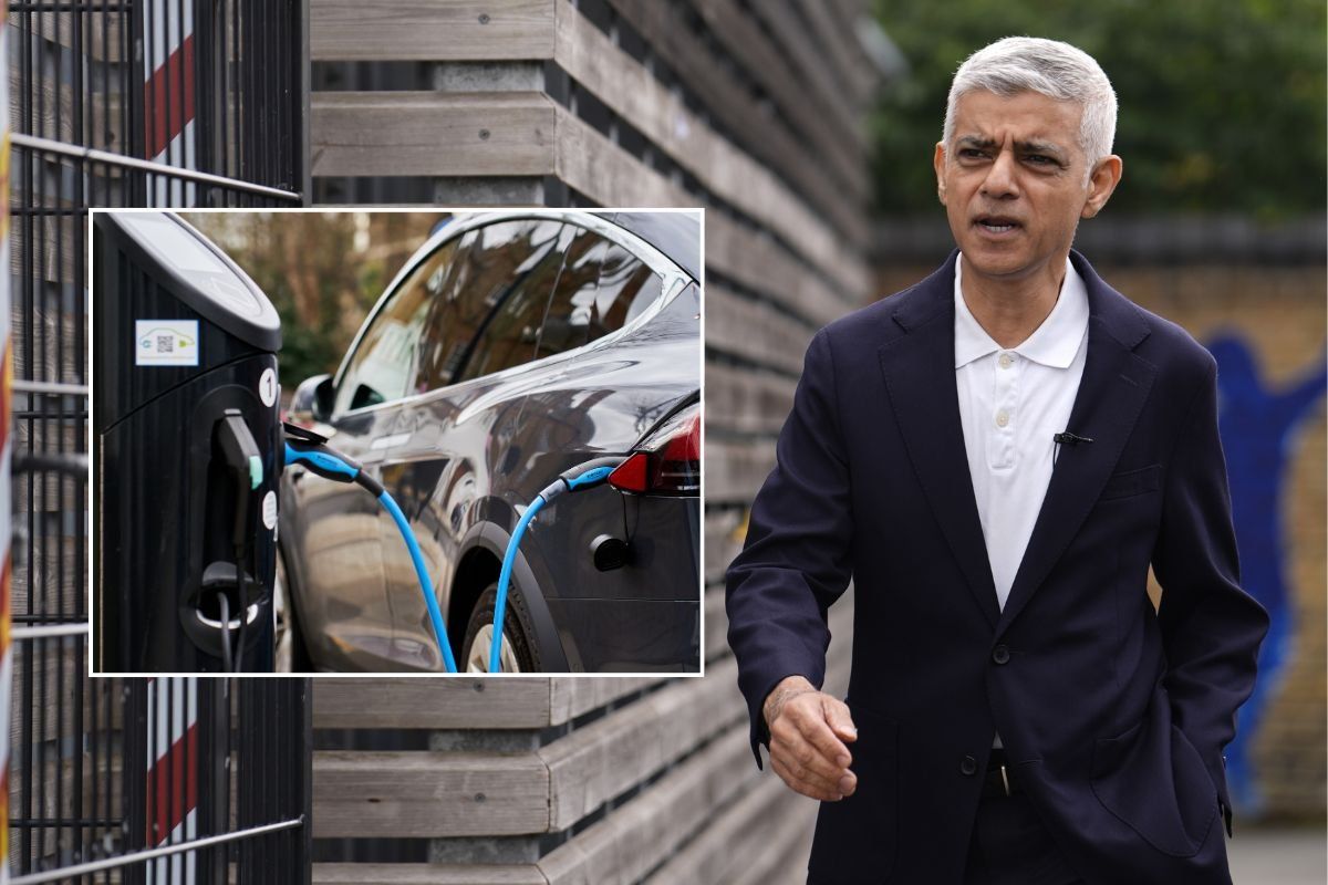 An electric car charging and Sir Sadiq Khan