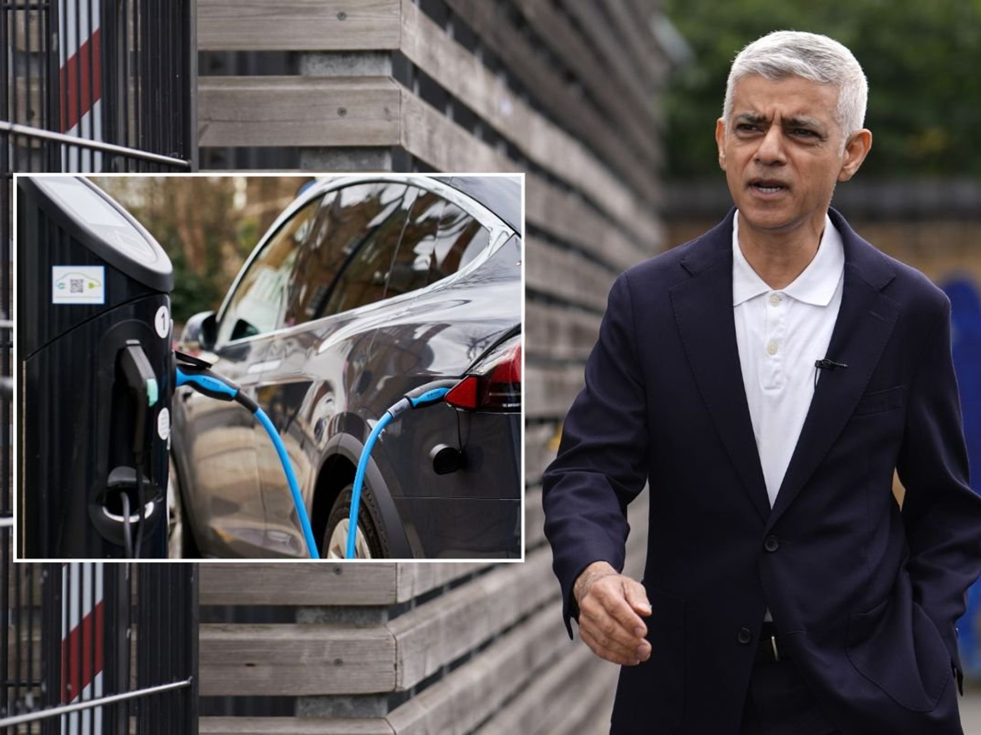 An electric car charging and Sir Sadiq Khan