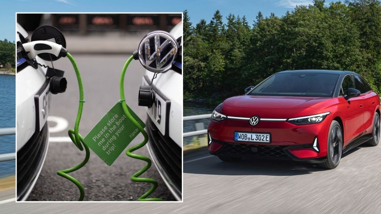 An electric vehicle charging and a Volkswagen ID.7 electric car