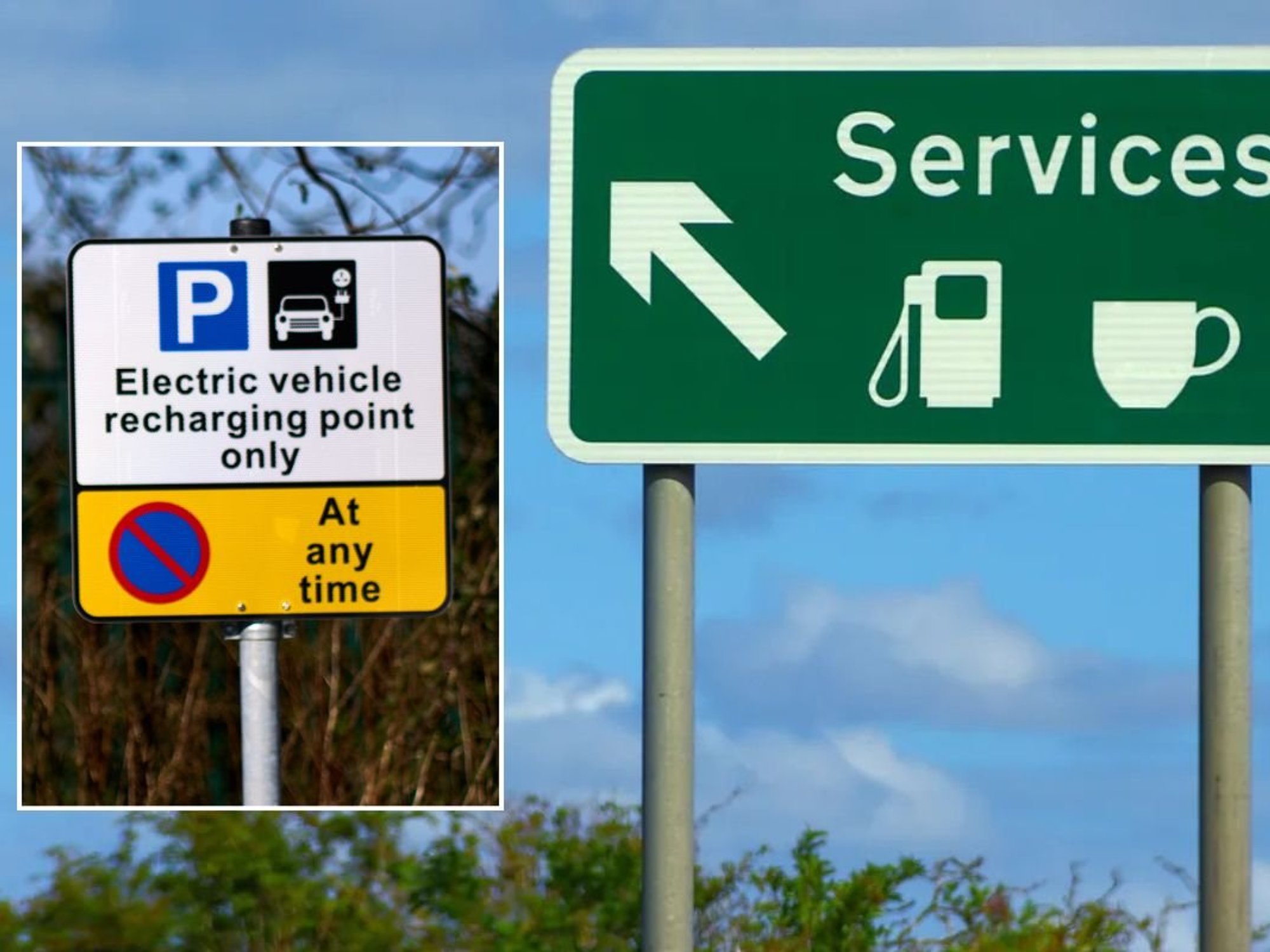 An electric vehicle charging sign and a service station sign