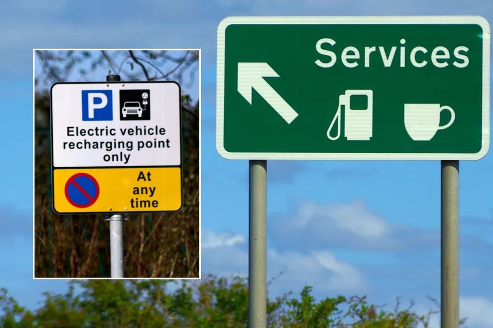 An electric vehicle charging sign and a service station sign
