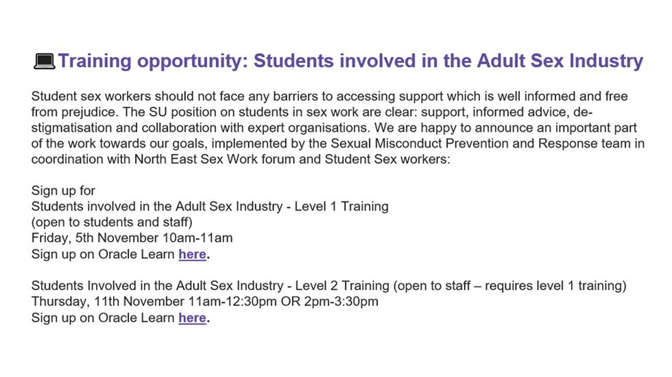An email sent to students at Durham University offering training sessions to help students who have become involved in sex work