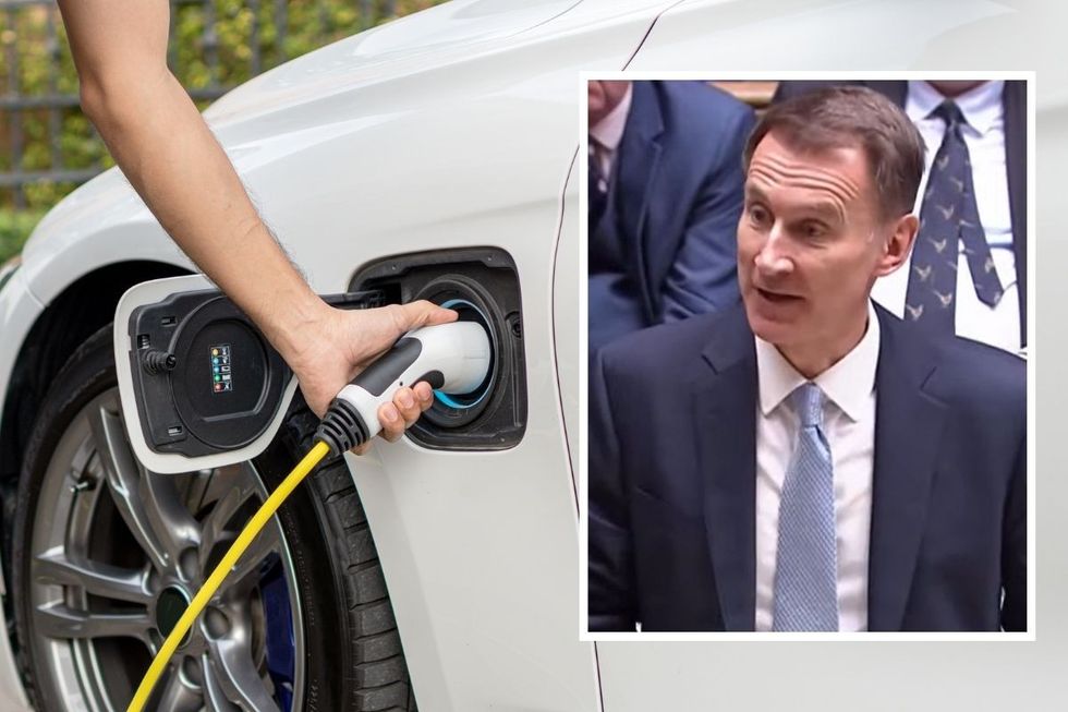 An EV charger and Jeremy Hunt