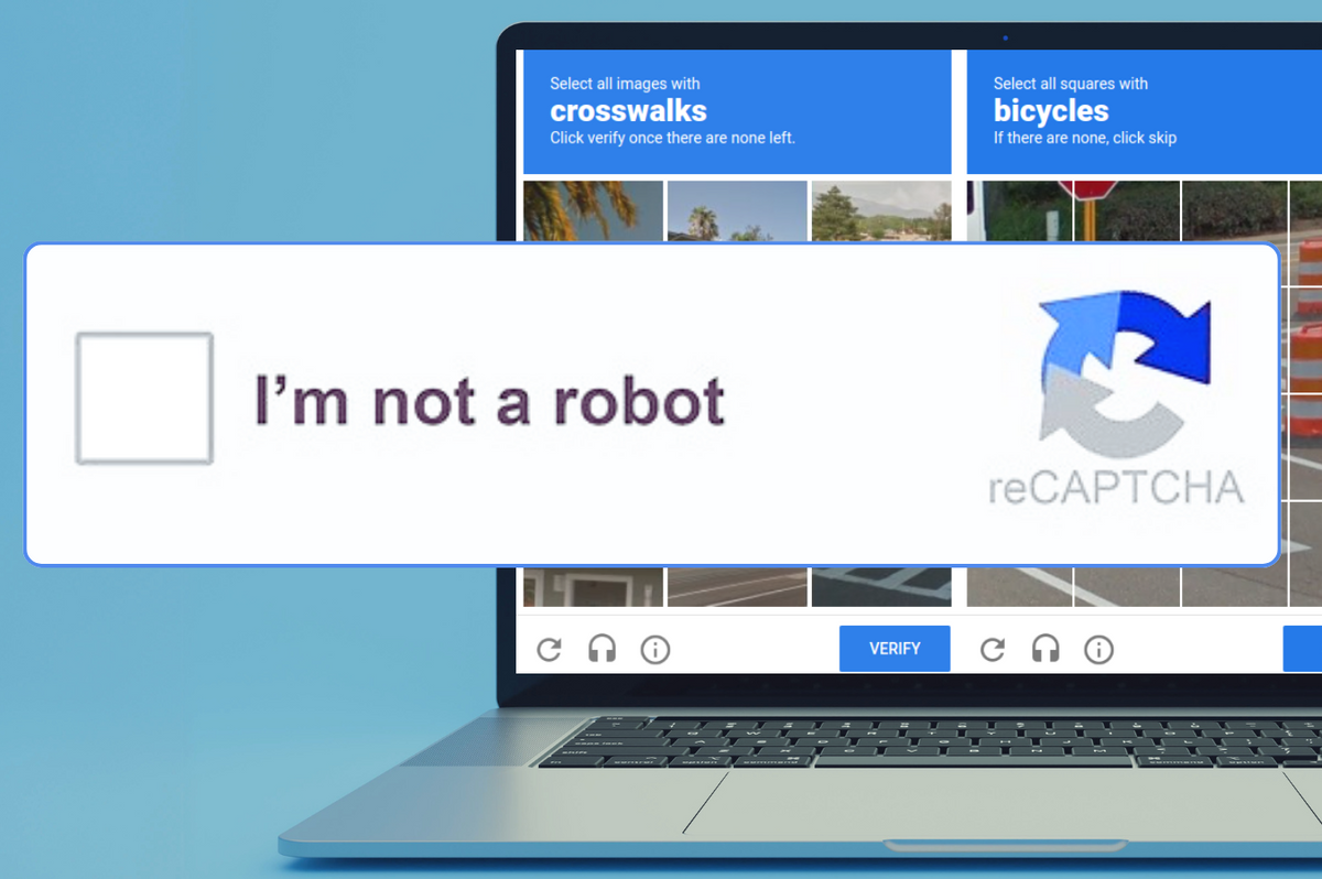 an example of google's recaptcha system asking you to click i'm not a robot prompt featured on a laptop screen  