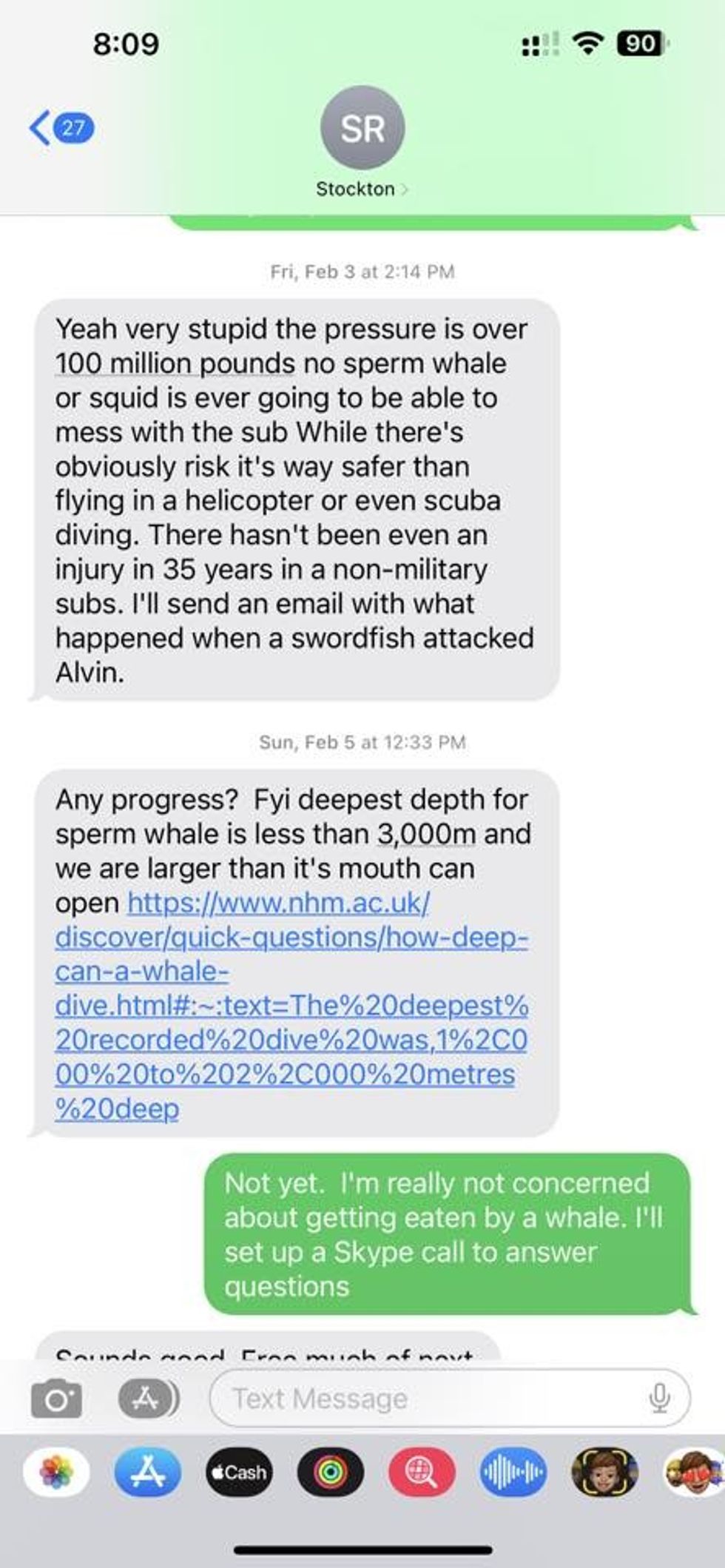 An example of text messages sent by Stockton Rush