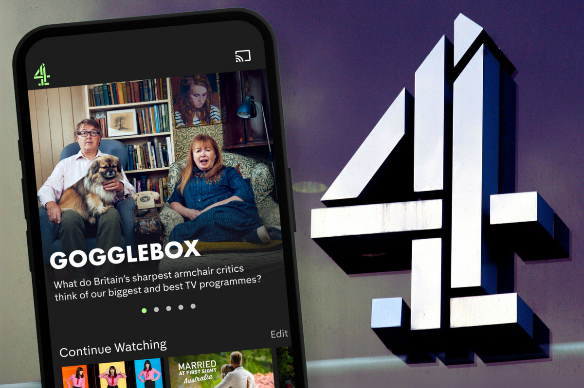 an example of the channel 4 streaming app is pictured on a smartphone with the channel 4 logo in the background