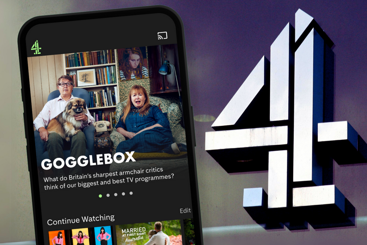 an example of the channel 4 streaming app is pictured on a smartphone with the channel 4 logo in the background 