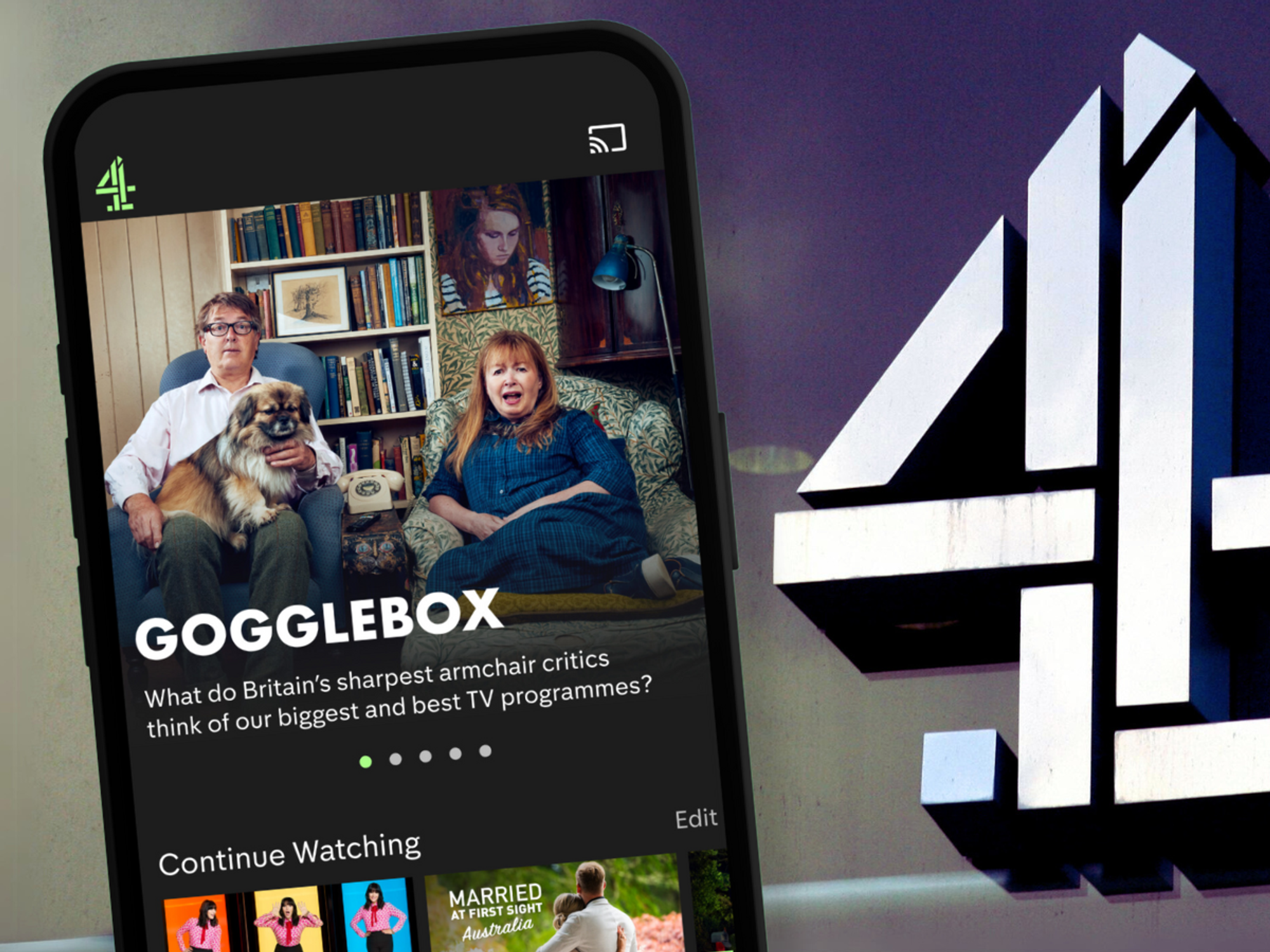 an example of the channel 4 streaming app is pictured on a smartphone with the channel 4 logo in the background