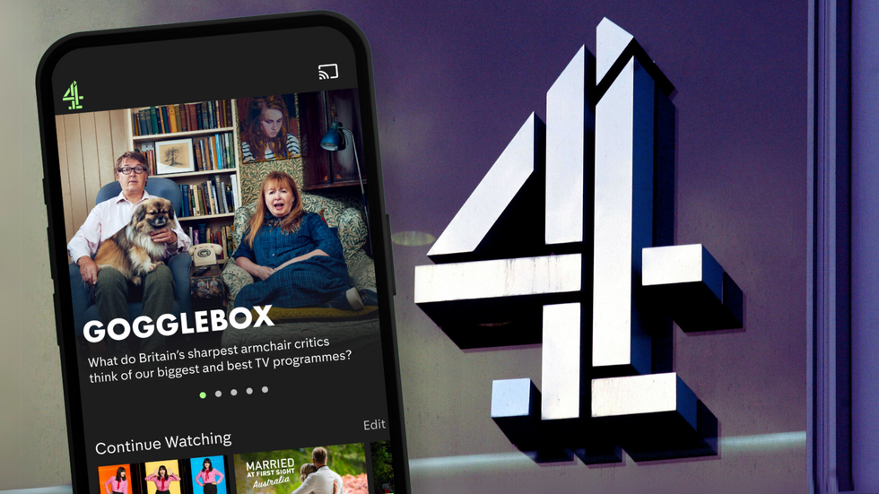 an example of the channel 4 streaming app is pictured on a smartphone with the channel 4 logo in the background