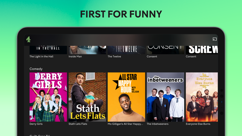 an example of the comedy shows on Channel 4 streaming app, pictured on an unbranded tablet