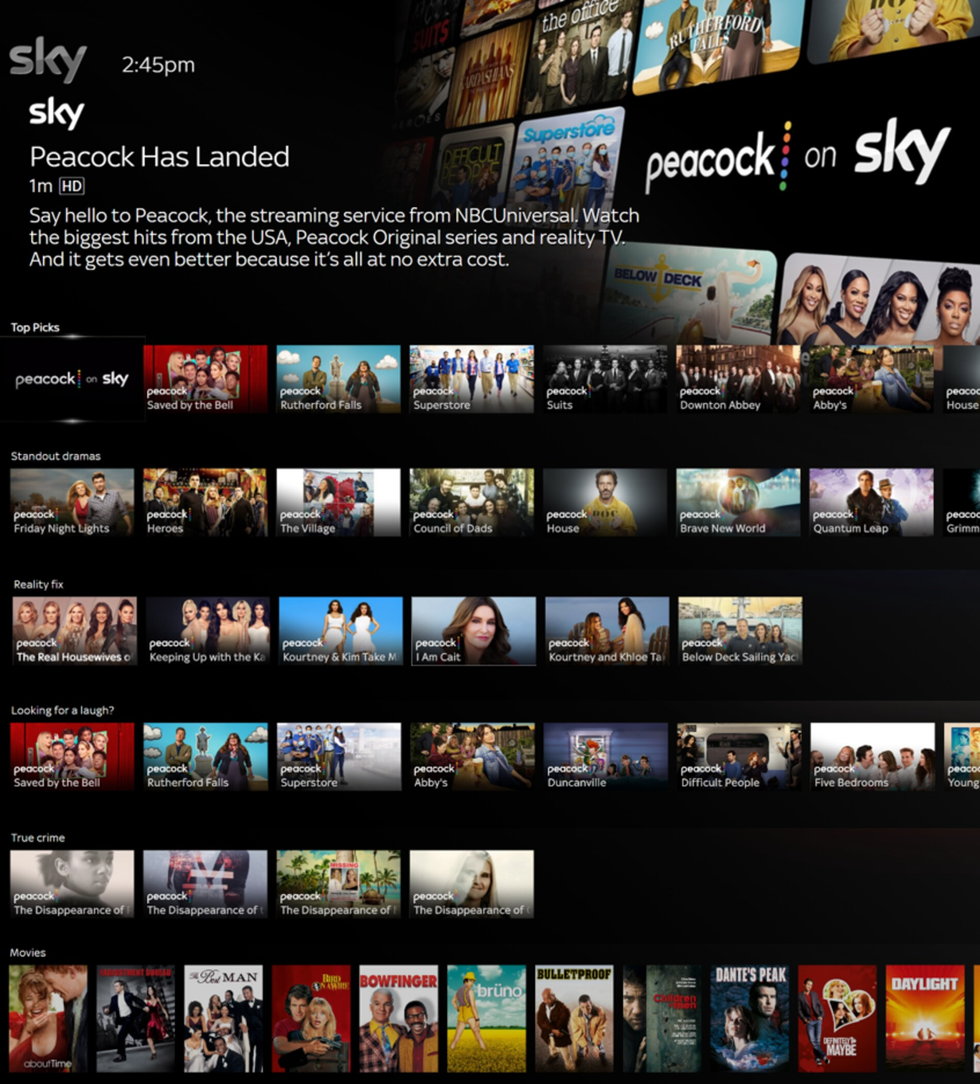 an example of the peacock interface on sky tv with examples of shows and films from the US streamer included in the main catalogue