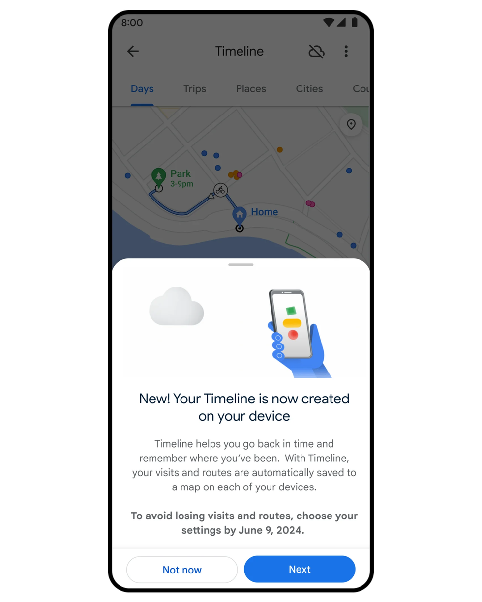 an example of the timeline settings screen appearing in google maps