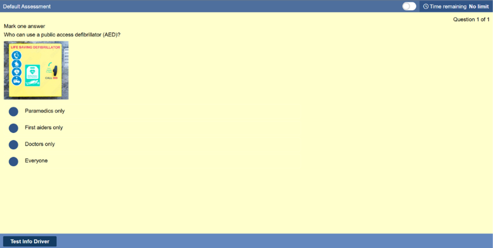 An example question on defibrillators in a theory test