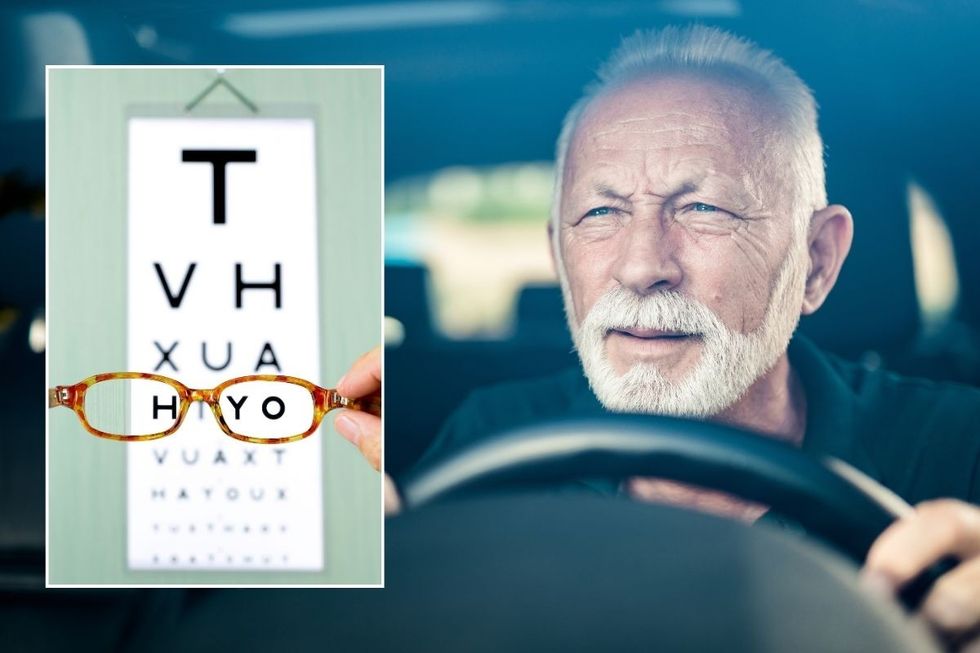 An eye chart exam and an elderly driver squinting