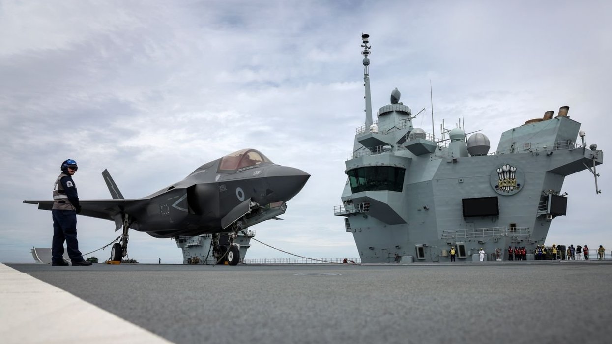 An F-35B fighter jet rests on the deck of HMS Prince of Wales