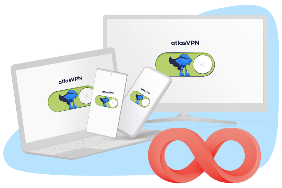 an illustration of a laptop, desktop PC, and smartphones running the atlas VPN software on-screen