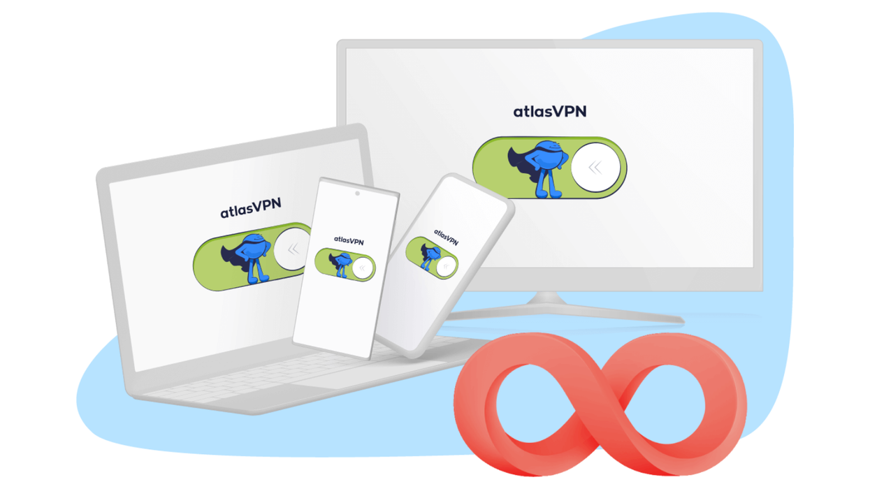 an illustration of a laptop, desktop PC, and smartphones running the atlas VPN software on-screen