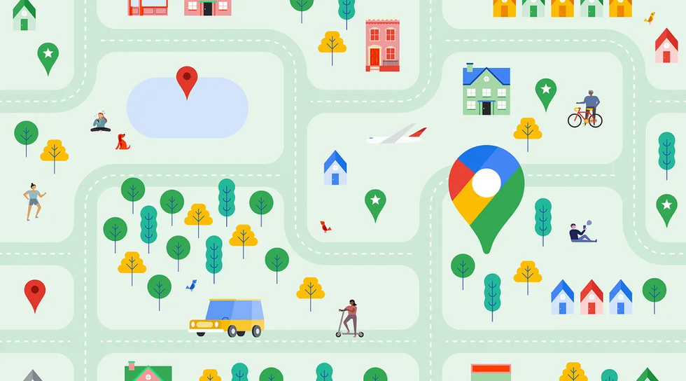 an illustration that represents google maps and the places of interest that it allows you to navigate to 