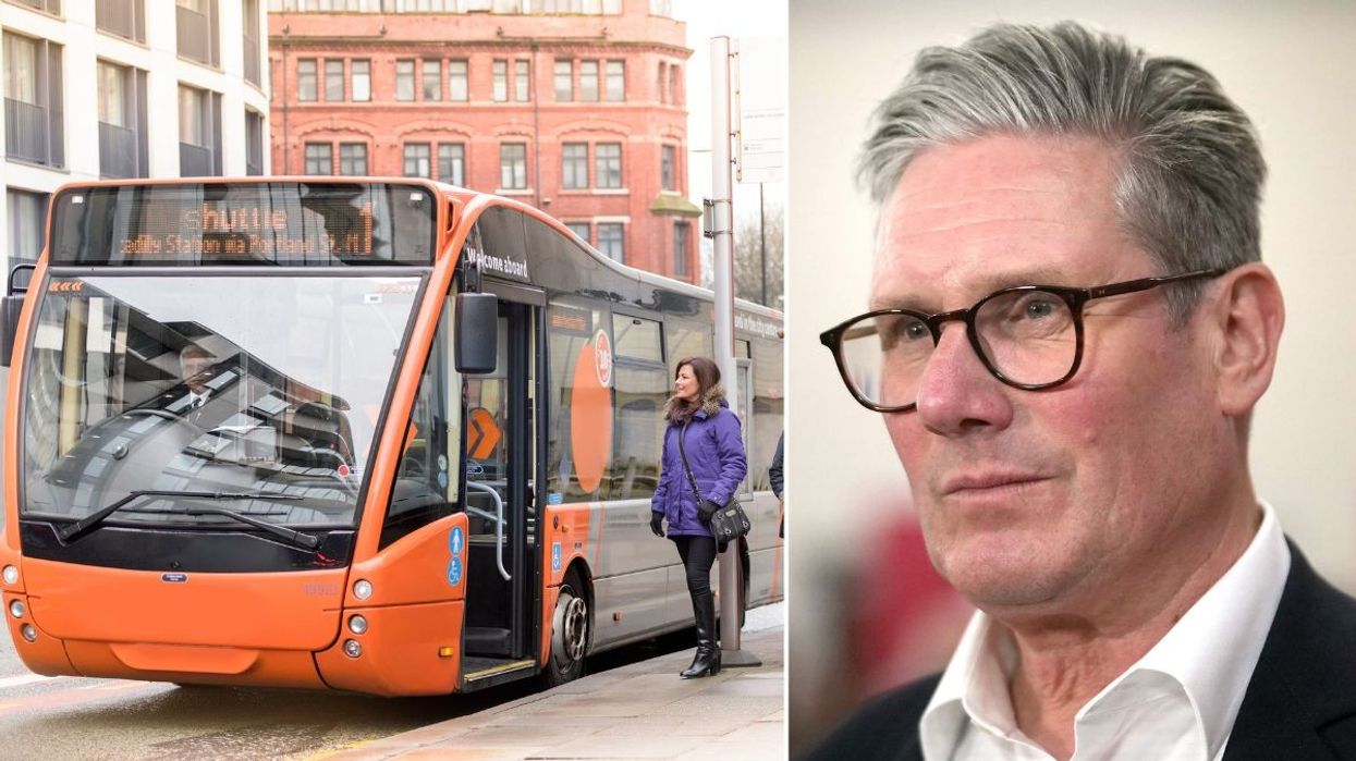 An image of a bus and Keir Starmer