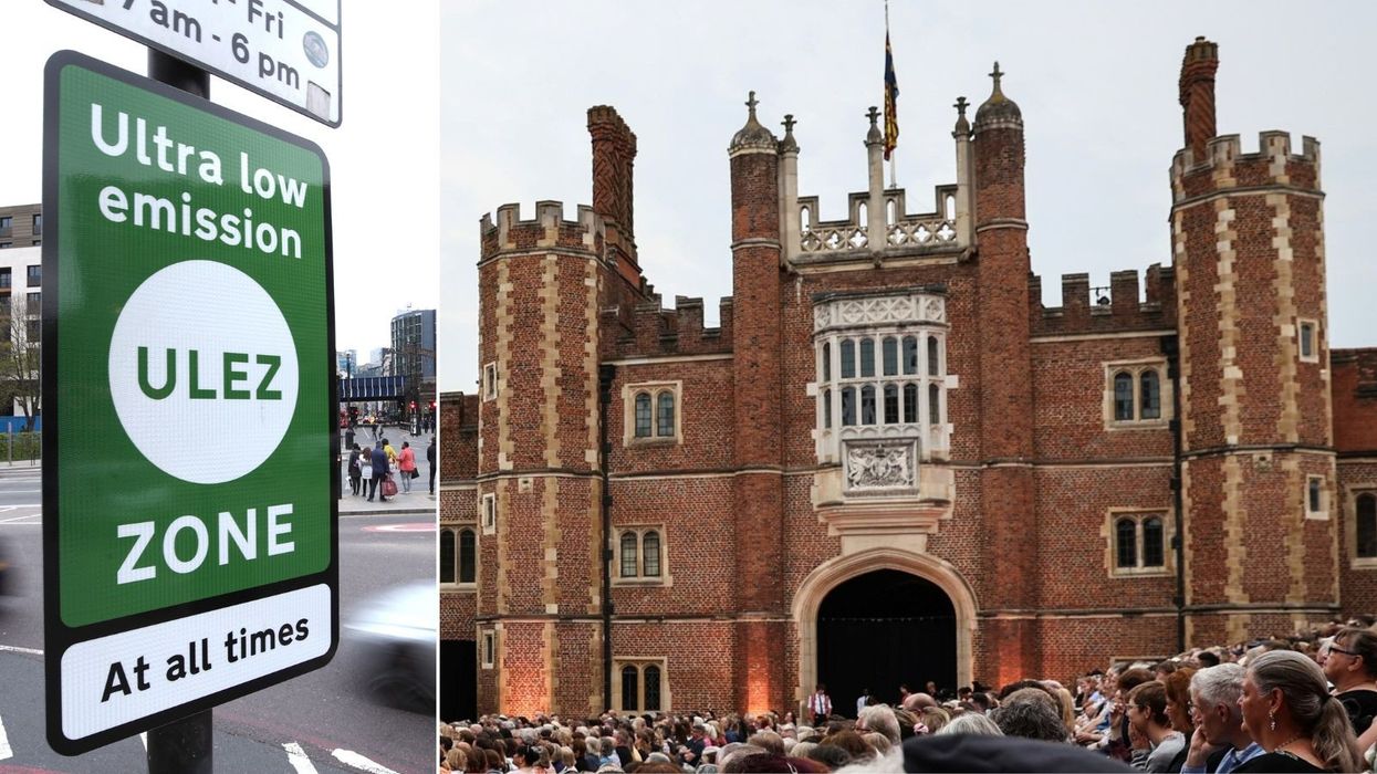 An image of a Ulez sign (left) and Hampton Court Palace (right)
