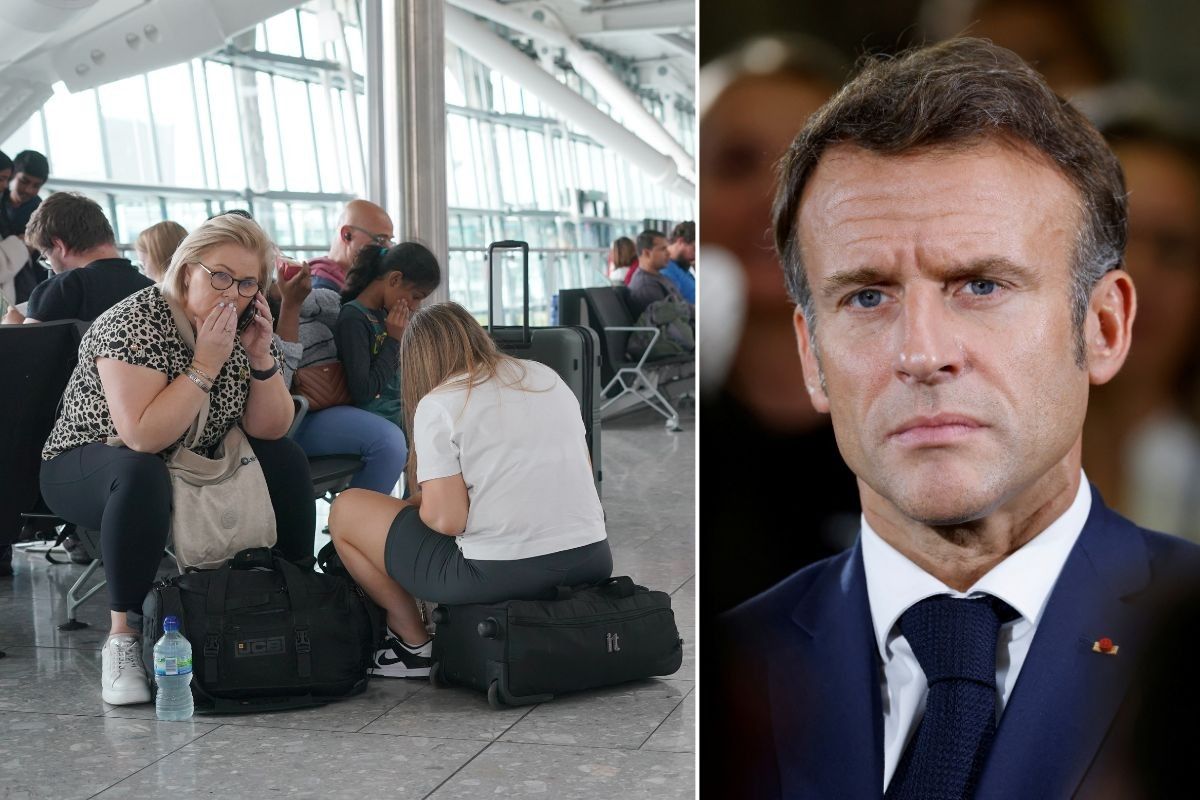 An image of distressed people at an airport and Emmanuel Macron