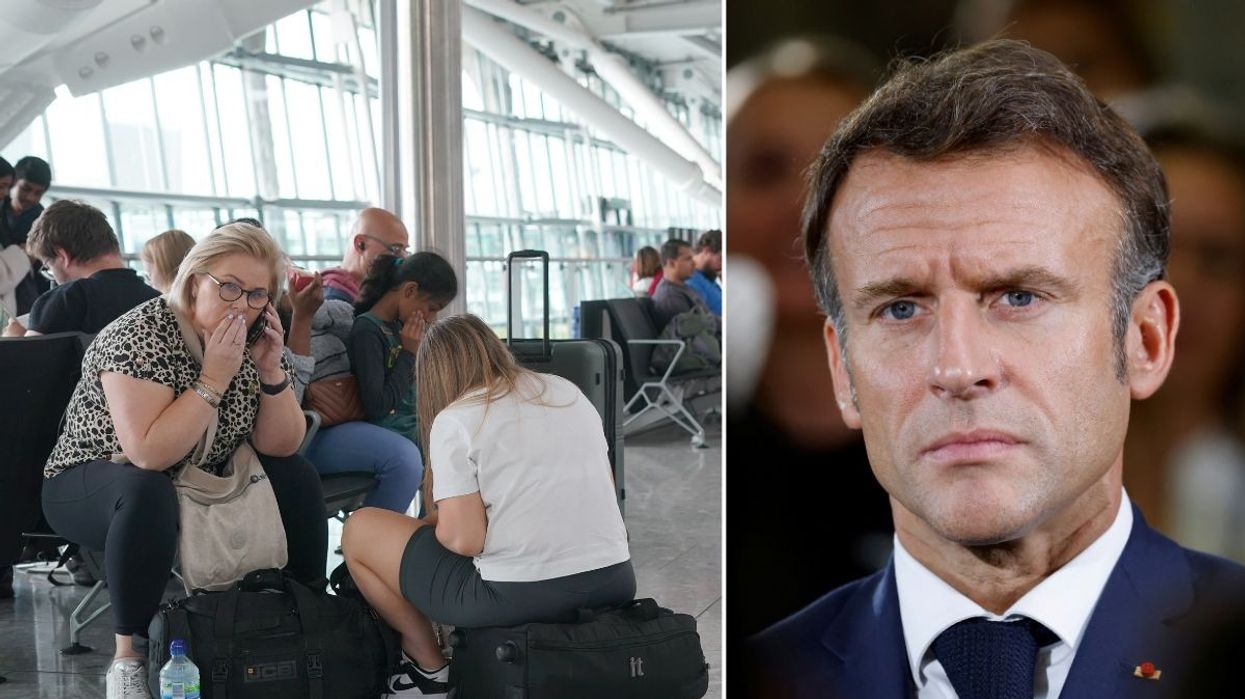 An image of distressed people at an airport and Emmanuel Macron