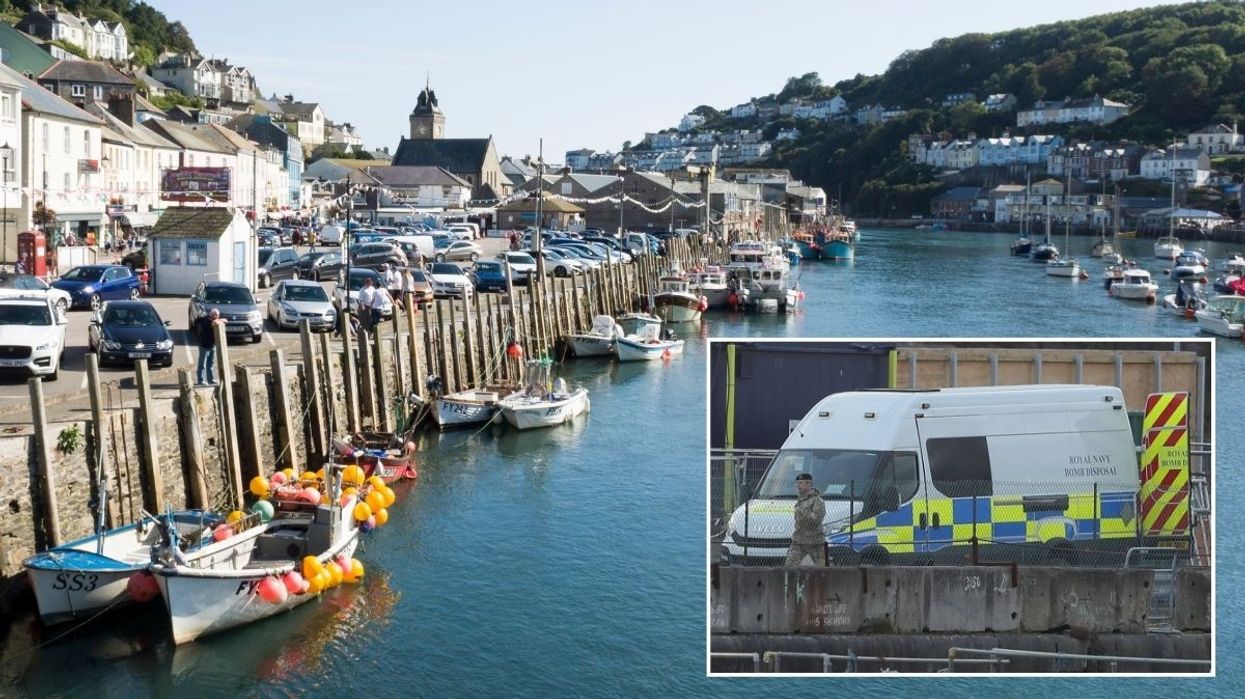 An image of Looe Harbour and an inset of a Royal Navy bomb disposal van