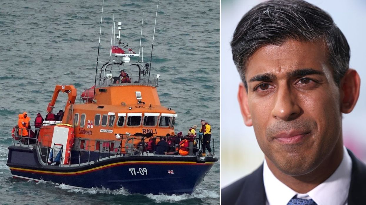 An image of migrants arriving on British shores (left) and Rishi Sunak (right)