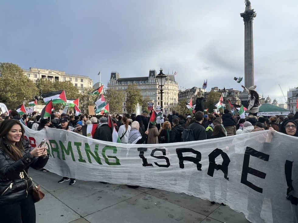 An image of pro-Palestine protesters in Trafalgar Square