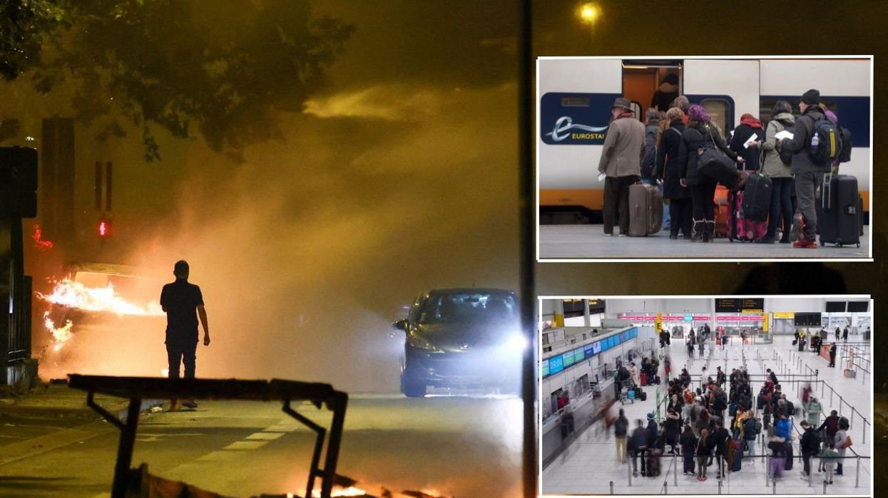 An image of riots in France and holidaymakers