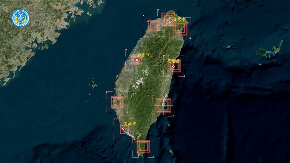 An image of Taiwan is seen in this screenshot taken from a video titled 'Subdue Demons and Vanquish Evils', released by the Eastern Theatre Command of China's People's Liberation Army (PLA) on April 1