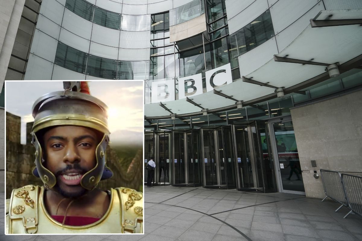 An image of the actor singing the Horrible Histories song (inset) and BBC Broadcasting House