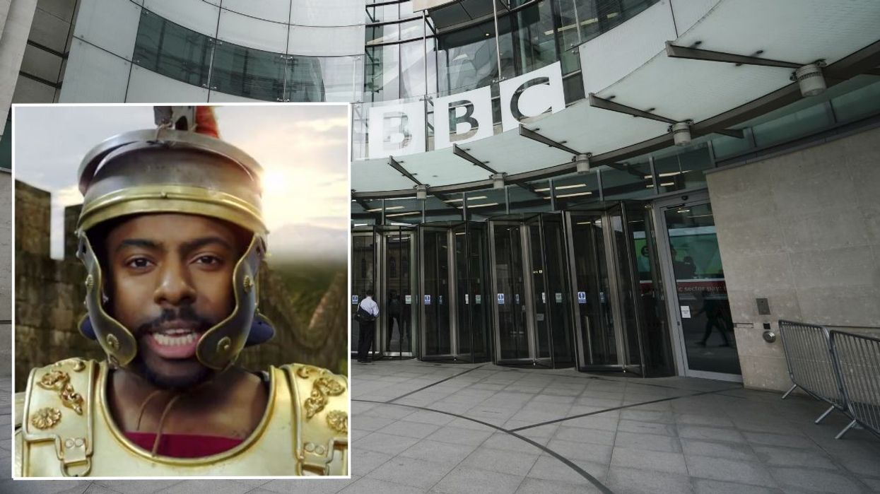 An image of the actor singing the Horrible Histories song (inset) and BBC Broadcasting House