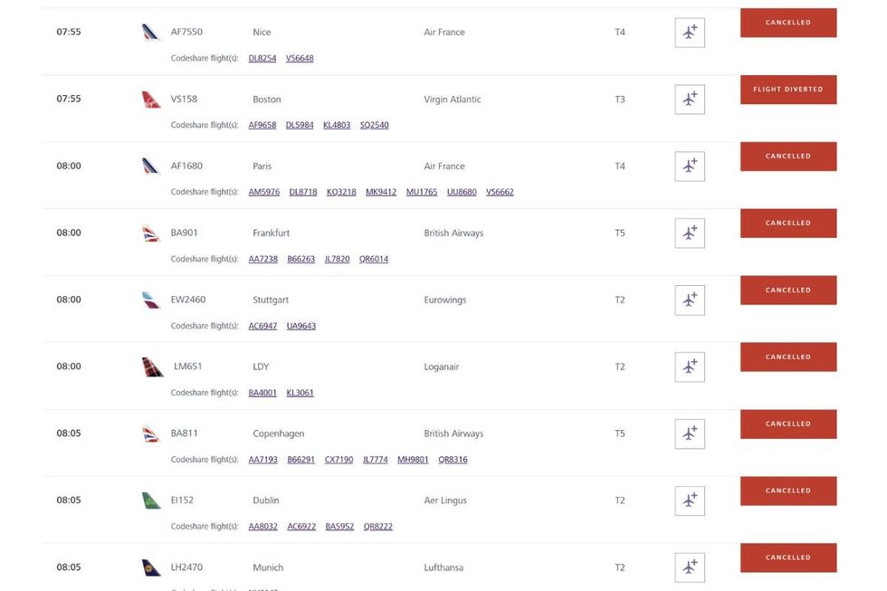An image of the delays and cancellations at Heathrow