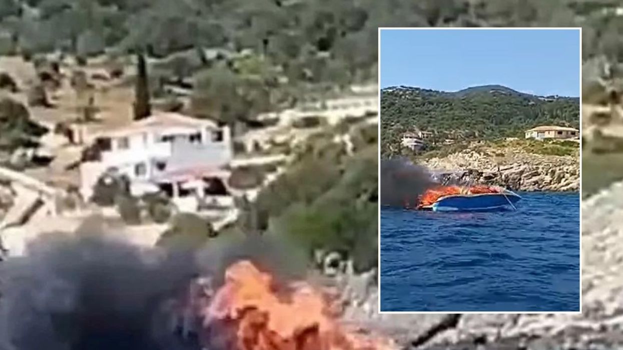 An image of the flames from afar and up close of the motorboat (inset)