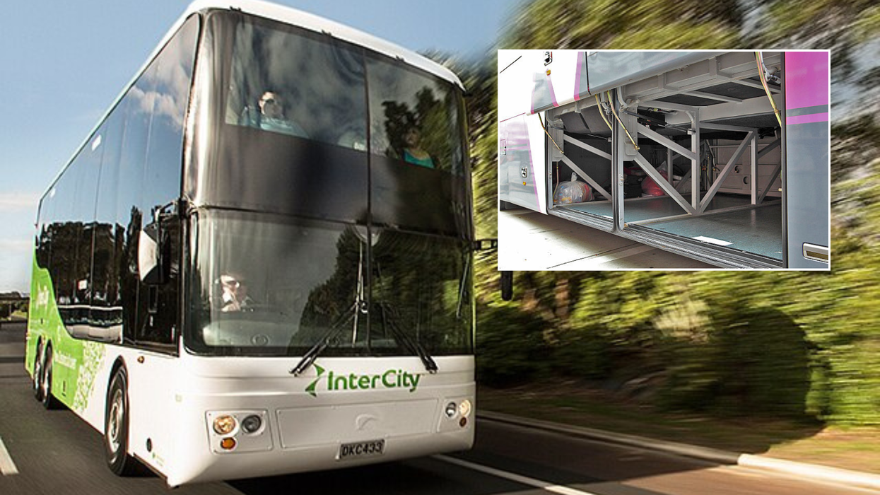 An InterCity bus with an inset of an empty luggage compartment