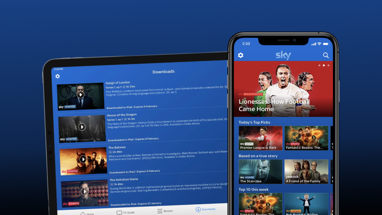 an ipad and iphone running sky go on-screen with a gloomy blue background