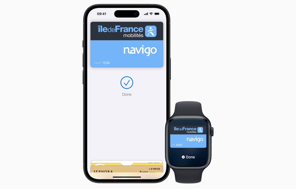 an iphone and apple watch pictured side by side with the blue navigo card for paris metro on-screen