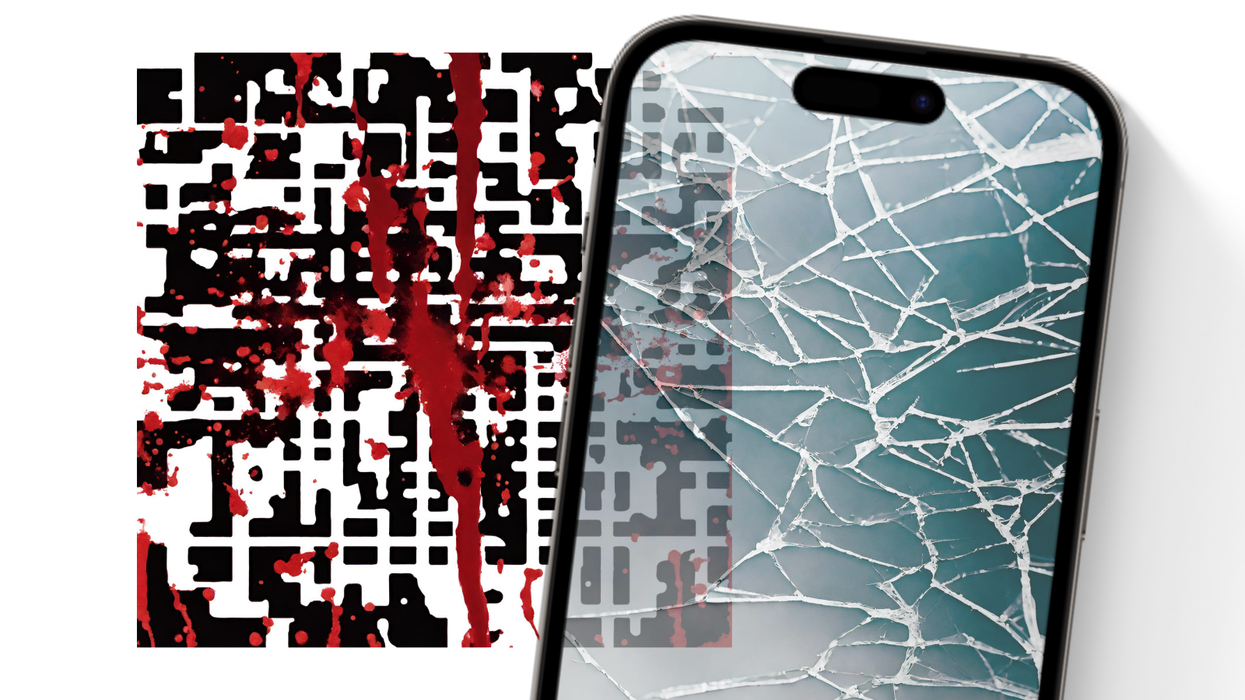 an iphone is pictured on the right side of the picture with a broken screen trying to scan a qr code with blood splatter