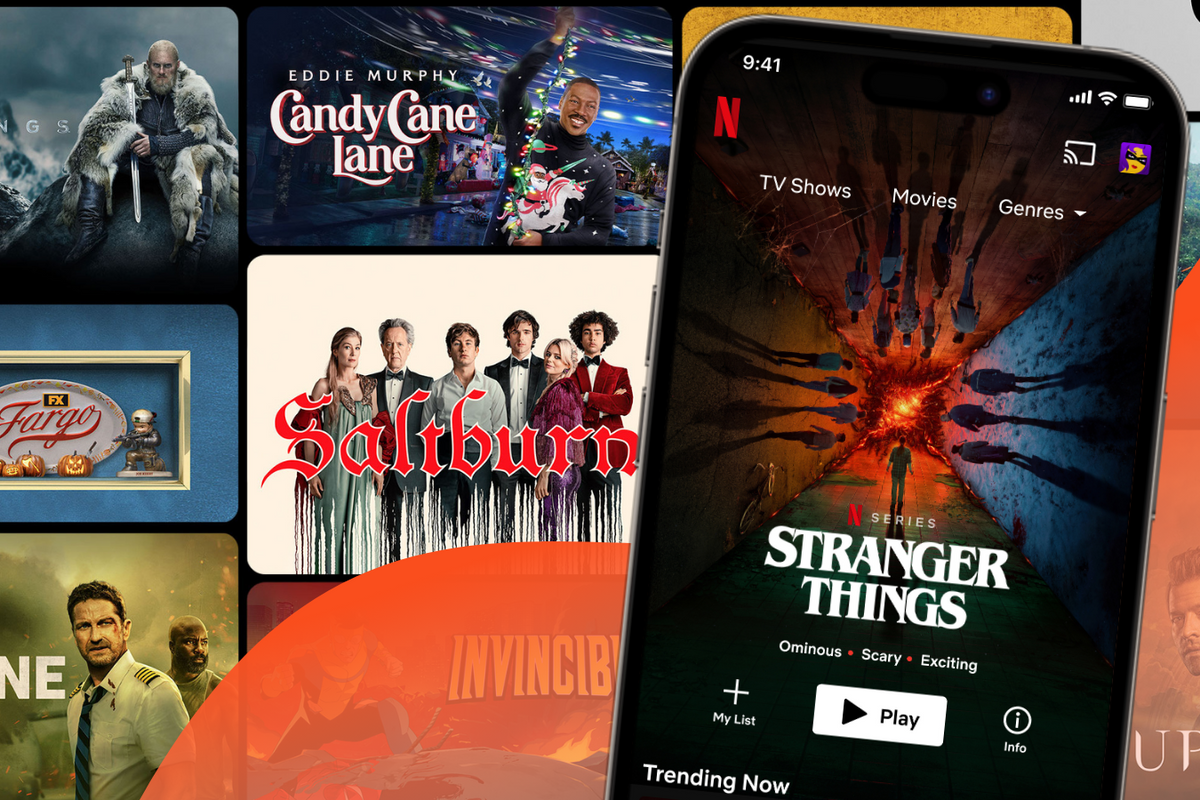 an iphone is pictured with the netflix app on-screen while a tile of artwork from amazon prime video shows can be seen in the background 