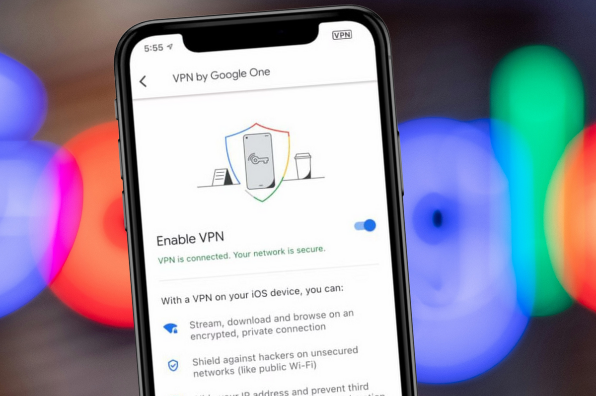 an iphone pictured on the settings screen to enable VPN by Google One with a colourful background with the google logo 