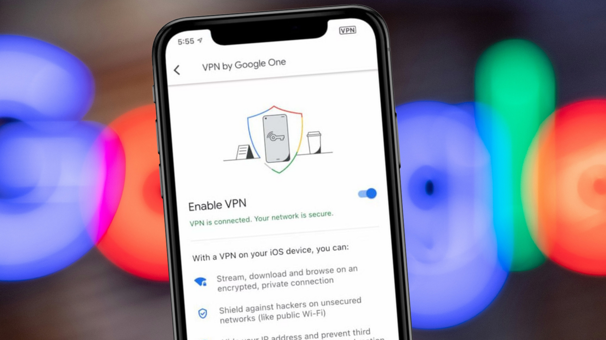 an iphone pictured on the settings screen to enable VPN by Google One with a colourful background with the google logo