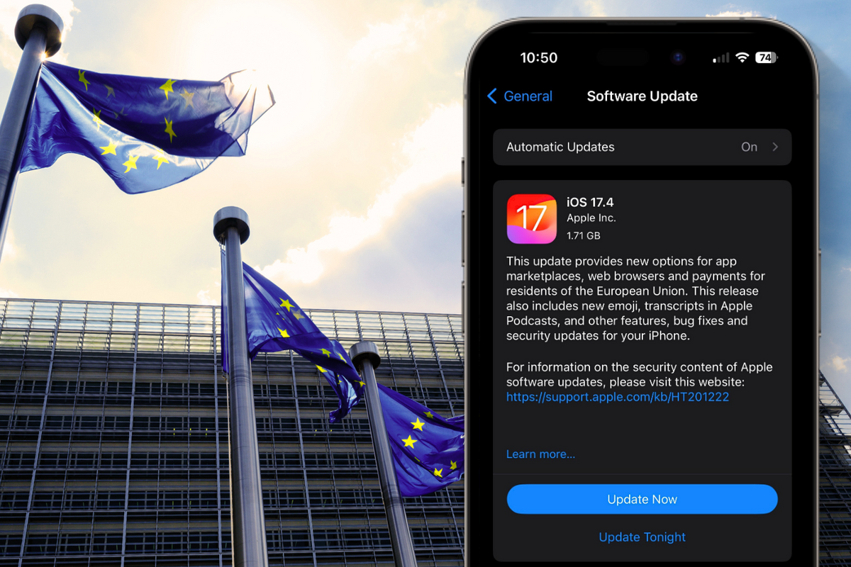 an iphone showing the ios 17.4 update on-screen is pictured infront of the european union headquarters building 