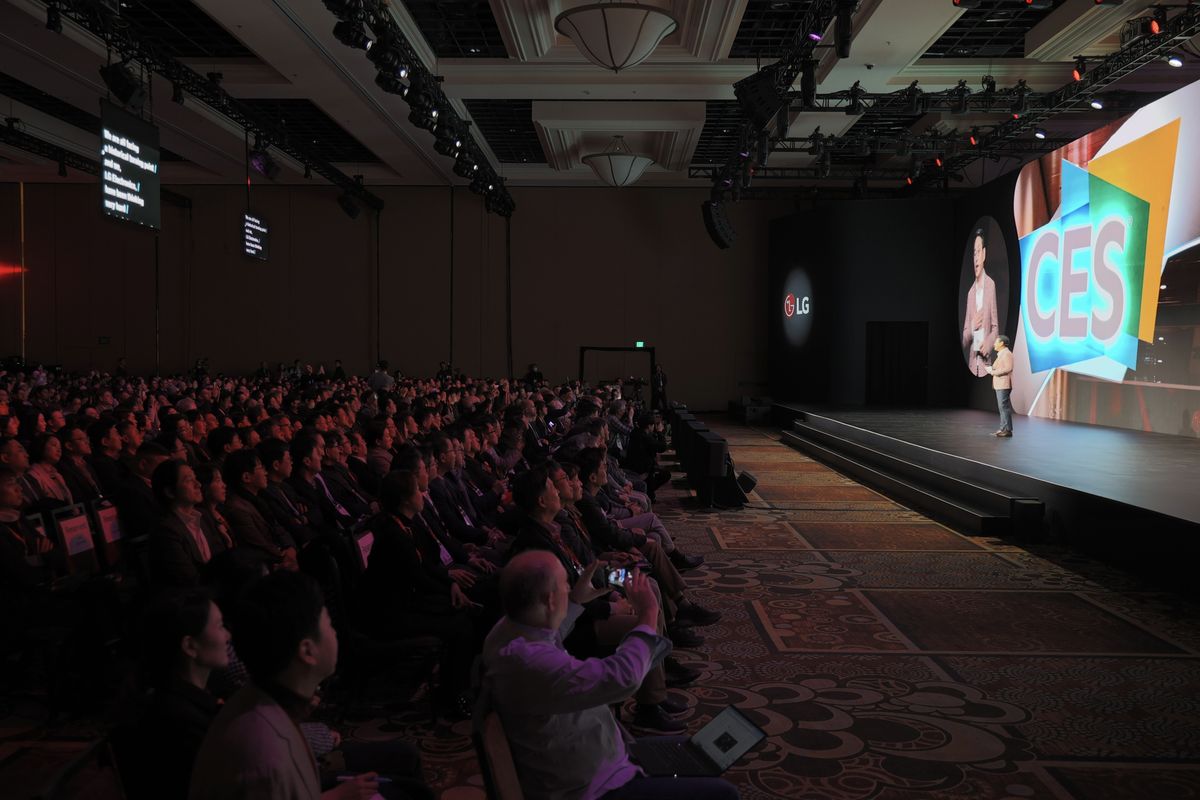 an lg executive stands on stage during a keynote address at the ces tradeshow in 2024