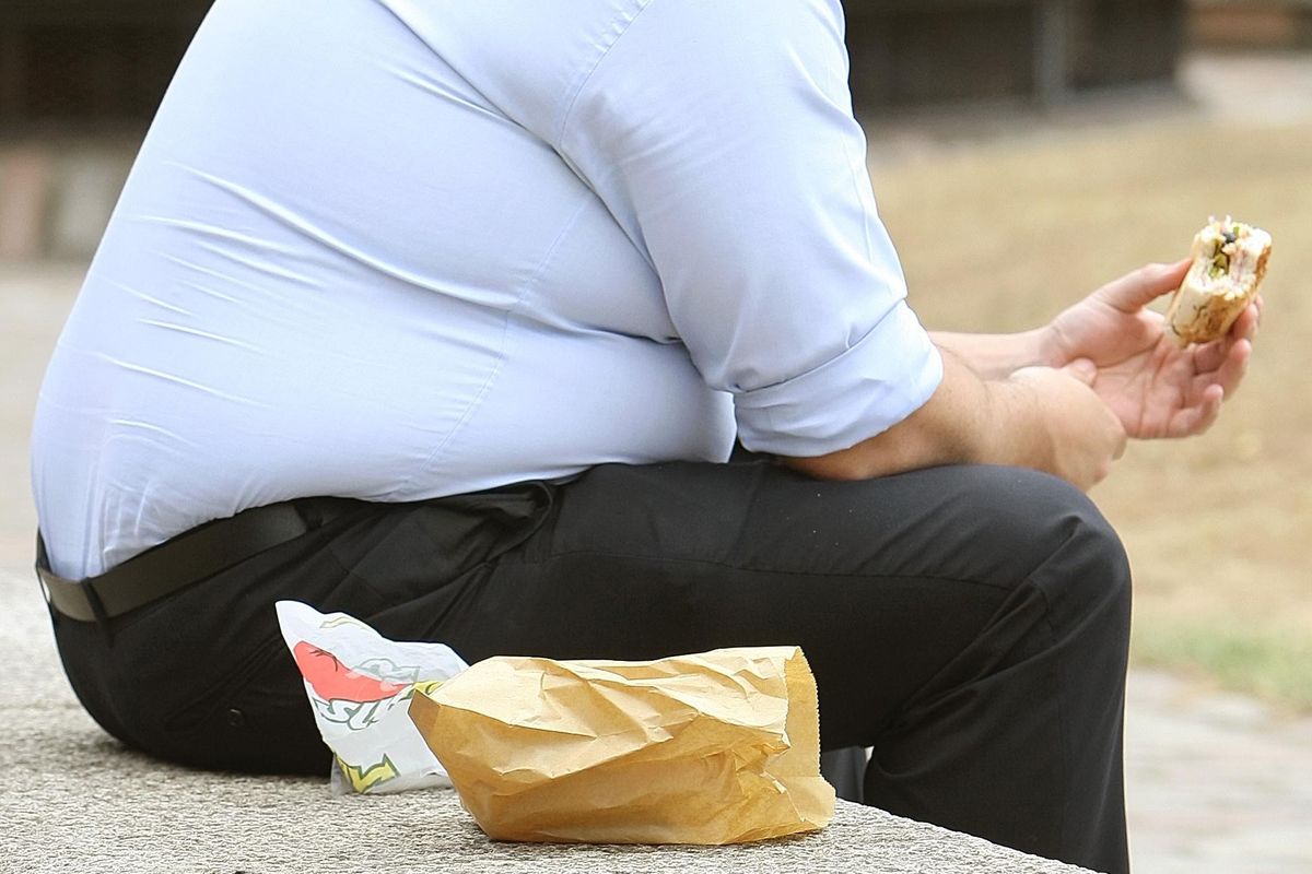 An obese man eating a burger
