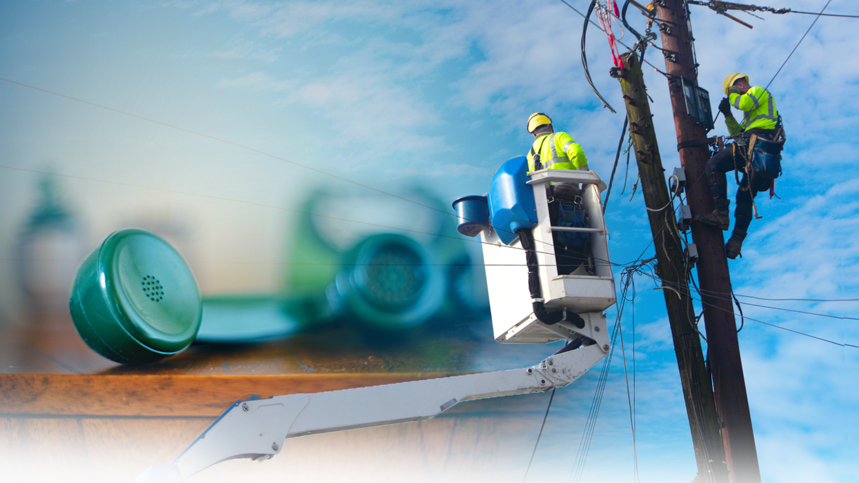an openreach engineer works on a telephone pole in the UK with an insert of an analogue landline phone