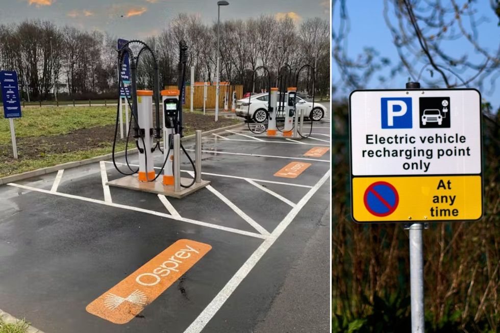 An Osprey Charging facility and an electric vehicle recharging point sign