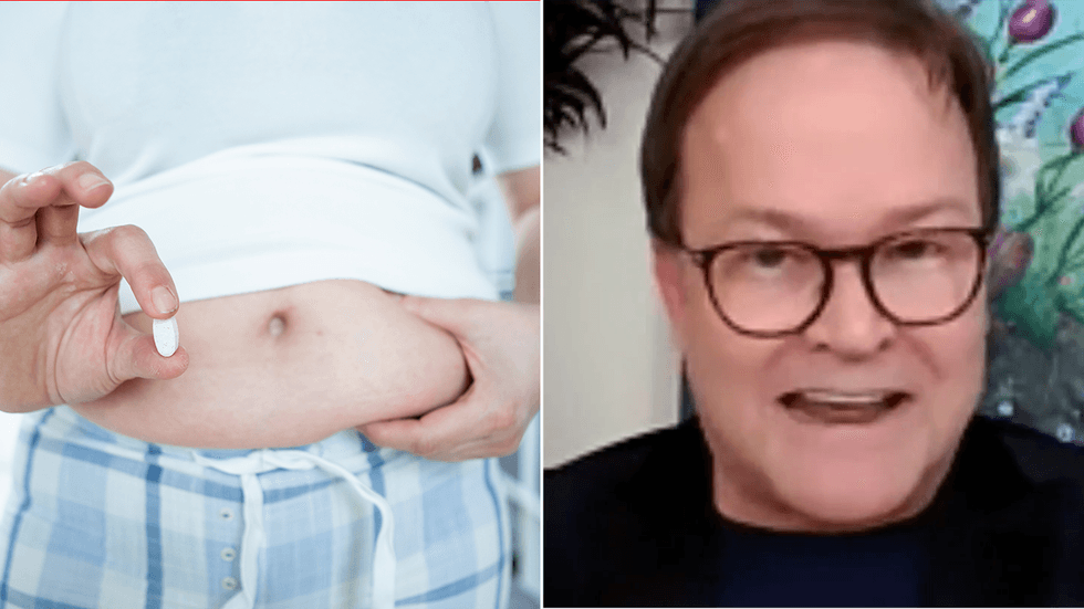 An overweight man holding a pill and Steve Miller